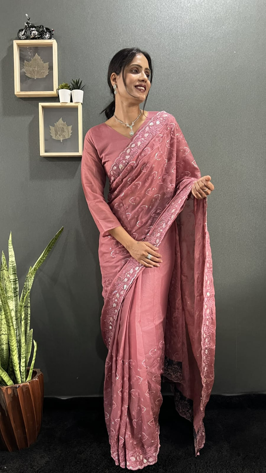 Dusty Rose Pink Georgette Embroidery Silk Saree